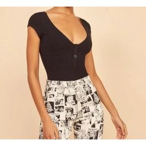 Reformation Marten Ribbed Knit Henley Bodysuit Womens XS Black Cap Sleeves